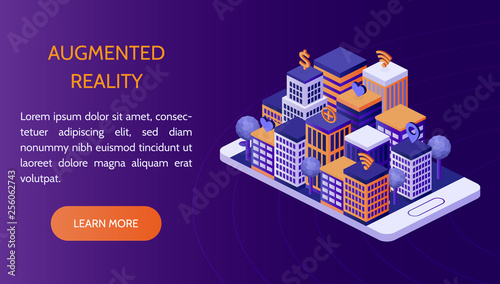 Augmented reality concept. Isometric city with money, wi-fi, medicine and social media symbols in smartphone. Vector illustration. Template for web design. 