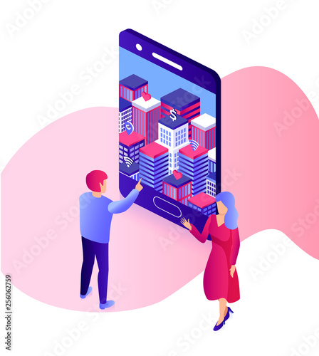 Augmented reality concept. Isometric city with money, wi-fi, medicine and social media symbols in smartphone. People with vr glasses watching at hologram. Vector illustration. 