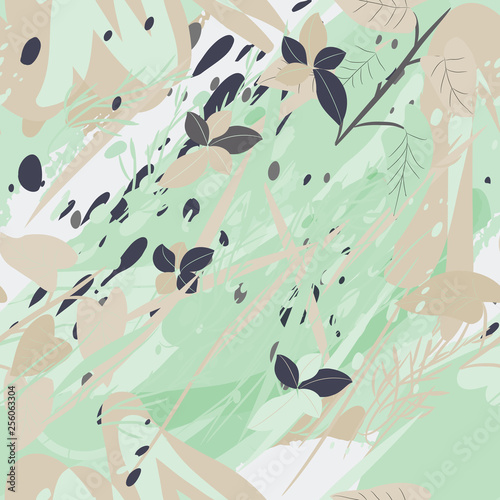 Military camouflage texture with trees, branches, grass and watercolor stains. illustration. Camouflage military background in modern style.