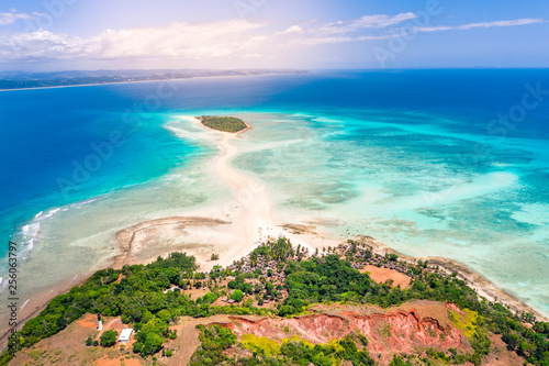 Aerial view of Nosy Iranja with a turquoise sea and white sand, north of nosy be, a beautiful island in madascar, africa photo