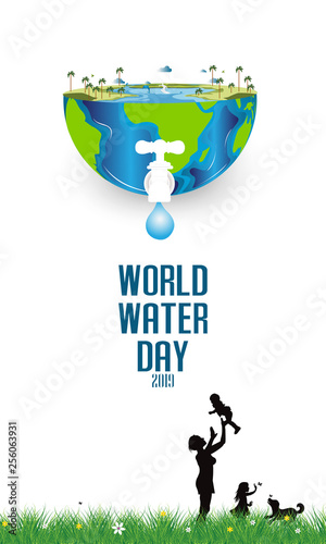 concept of world water day with family in the garden.paper art and craft style - Vector
