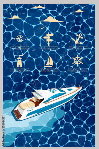 Top view speed boat on water poster
