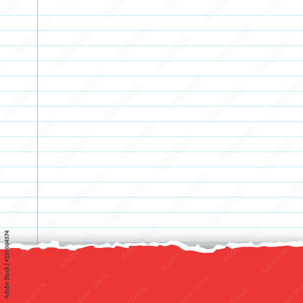Naklejka premium A sheet of white striped paper with a left margin. Classic note for study. From above a red fragmentary piece from a cover of a notebook.Torn paper with copy space for your text.