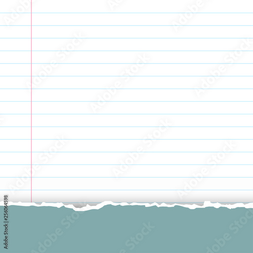  A sheet of white striped paper with a left margin. Classic note for study. From above a green-blue fragmentary piece from a cover of a notebook.Torn paper with copy space for your text.