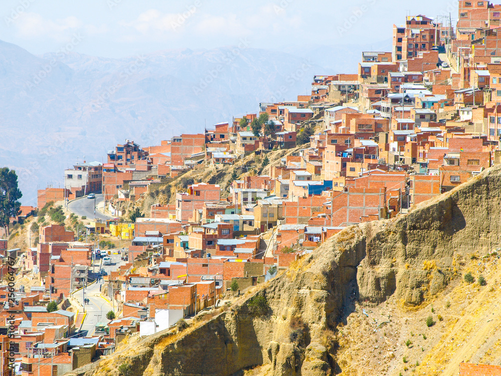Slum houses built in steep slope of La Paz, Bolivia