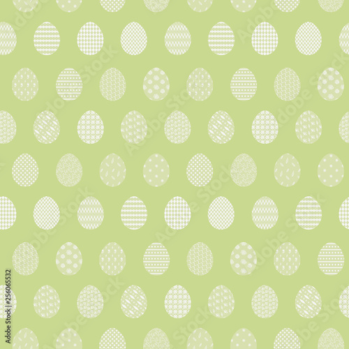 Tender light green Happy Easter seamless pattern with white decorated eggs. Gentle ornamental eggs texture for Easters package, gift wrapping paper, textile, covers, background