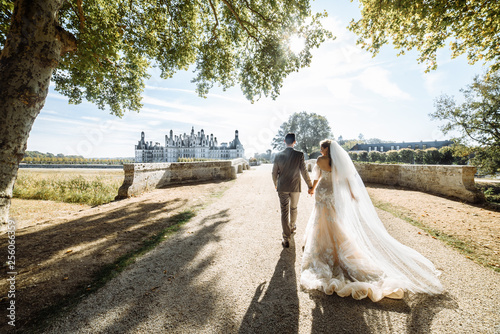 Elegant newlywed couple. Bride in a luxurious dress with a long bridal veil. They go to the old beautiful castle in France photo