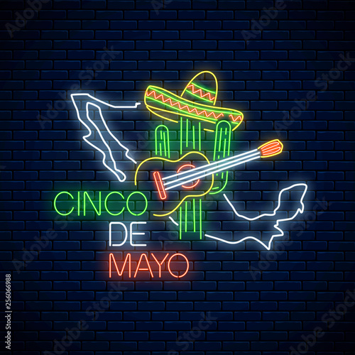 Neon sinco de mayo sign with mexico map. Mexican festival flyer design with guitar, cactus and sombrero hat.