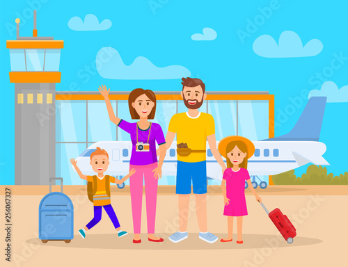 Family in Airport Terminal Vector Illustration
