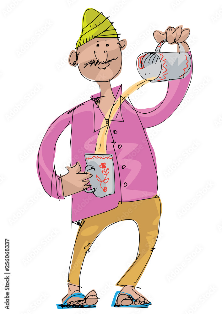 An indian tea vendor pouring tea from mug to cup. Cartoon. Caricature.  Stock Vector | Adobe Stock