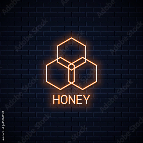 Honey comb neon banner. Organic honey neon sign