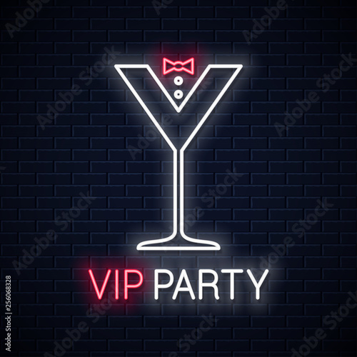 Cocktail party glass neon sign. Vip party neon