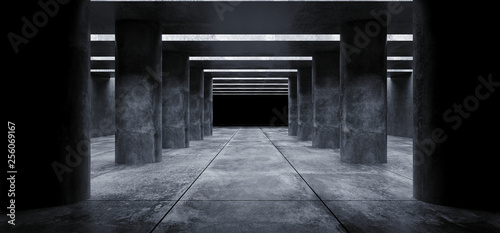 Fototapeta Naklejka Na Ścianę i Meble -  Columns Grunge Concrete Sci Fi Elegant Modern Futuristic Spaceship Underground Tunnel Hall Gallery Room Empty Space Tiled Floor Reflections Abstract Background Alien 3D Rendering