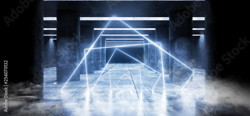 Smoke Fog Futuristic Background Grunge Concrete Bright Underground Garage Hall Gallery Tunnel Alien Corridor Neon Glowing Sci Fi Arc Portal Gate Shaped Blue White Vibrant Line Lasers 3D Rendering