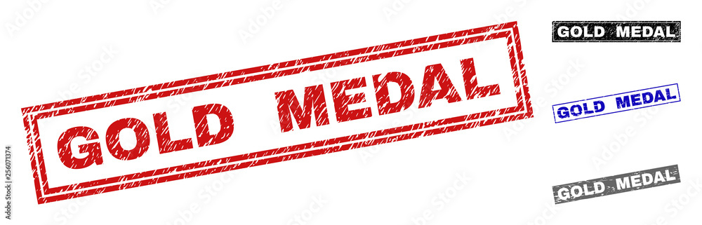 Grunge GOLD MEDAL rectangle stamp seals isolated on a white background. Rectangular seals with grunge texture in red, blue, black and gray colors. Grunge GOLD MEDAL rectangle stamp seals isolated on a white background. Rectangular seals with grunge texture in red, blue, black and gray colors.