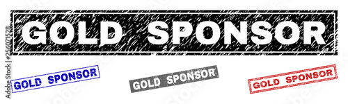 Grunge GOLD SPONSOR rectangle stamp seals isolated on a white background. Rectangular seals with grunge texture in red, blue, black and gray colors.