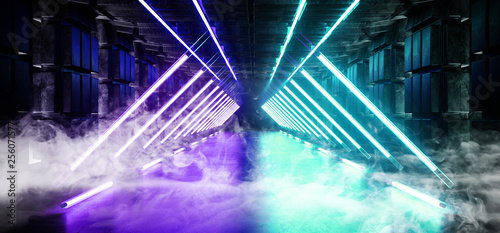 Smoke Fog Alien Spaceship Neon Glowing Triangle Arc Portal Shaped Purple Blue Ultraviolet Lights Lasers Empty Space Dark Tiled Grunge Concrete Reflective Tunnel Hall Corridor 3D Rendering