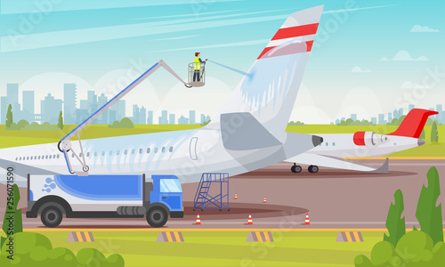 Washing Aircraft at Airport Flat Illustration.