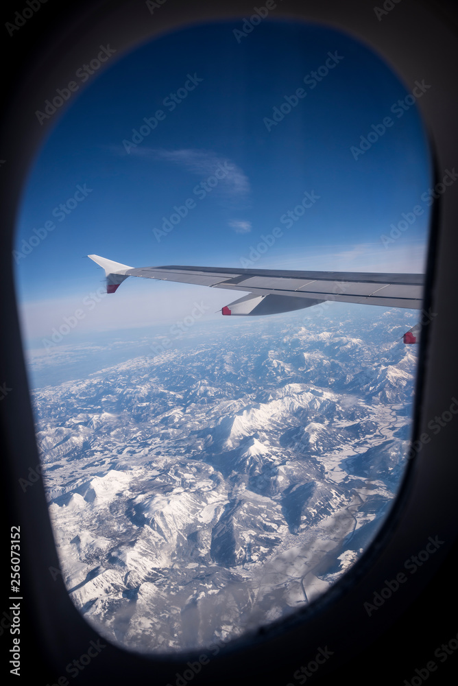 Aerial view of the Tyrol Alps in Austria in snow
