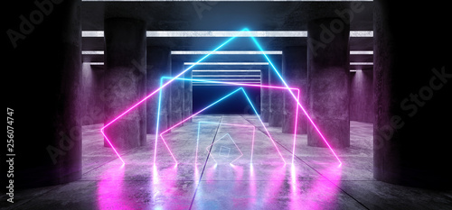 Fototapeta Naklejka Na Ścianę i Meble -  Smoke  Futuristic Background Grunge Columns Concrete Bright Underground Garage Hall Gallery Tunnel Alien Corridor Neon Glowing Sci Fi Rectangle Shaped Blue Purple  Vibrant Line Lasers 3D Rendering
