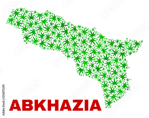 Vector marijuana Abkhazia map mosaic. Template with green weed leaves for marijuana legalize campaign. Vector Abkhazia map is composed with marijuana leaves.