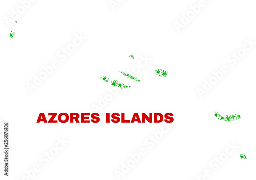 Vector marijuana Azores Islands map mosaic. Template with green weed leaves for weed legalize campaign. Vector Azores Islands map is designed with marijuana leaves.
