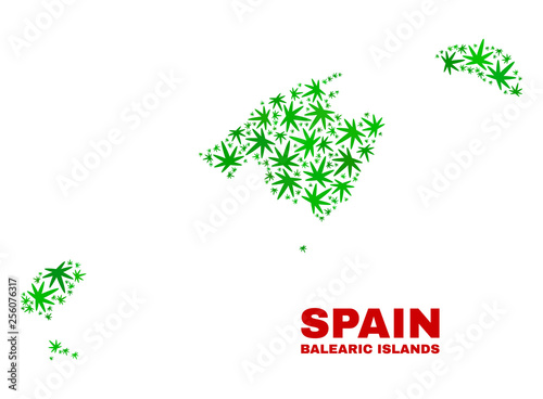 Vector cannabis Balearic Islands map collage. Concept with green weed leaves for marijuana legalize campaign. Vector Balearic Islands map is formed with weed leaves.