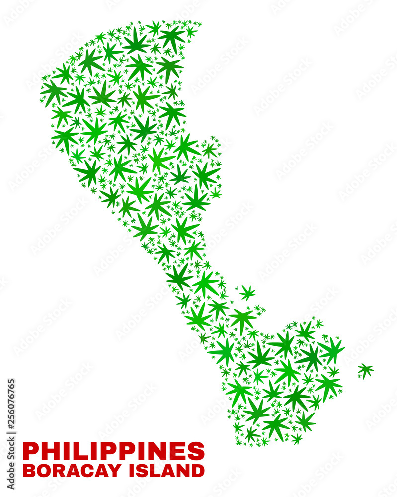 Vector cannabis Boracay Island map collage. Template with green weed leaves for marijuana legalize campaign. Vector Boracay Island map is organized with marijuana leaves. Vector cannabis Boracay Island map collage. Template with green weed leaves for marijuana legalize campaign. Vector Boracay Island map is organized with marijuana leaves.