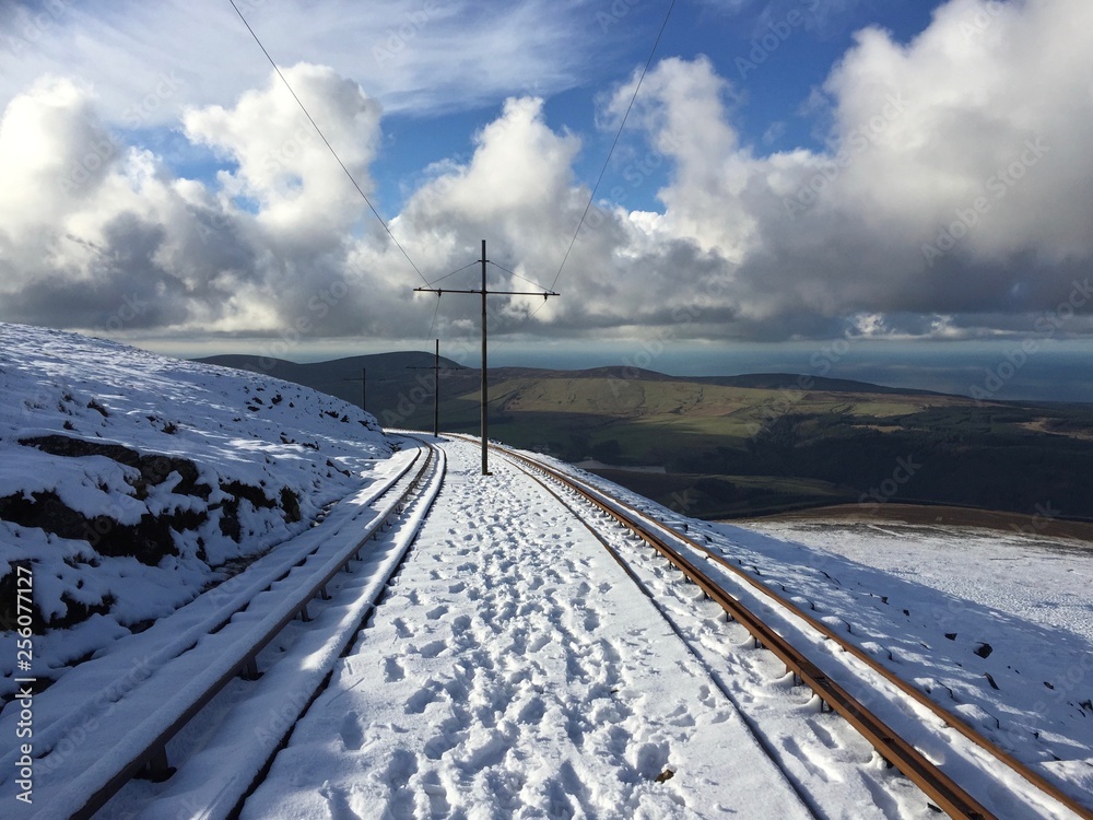 Snow covered rail tracks of the the Snaefell Mountain Railway, an ...
