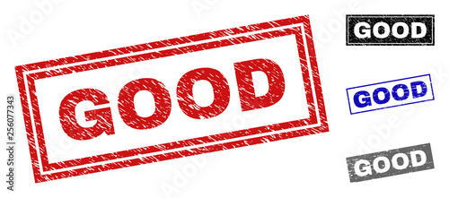 Grunge GOOD rectangle stamp seals isolated on a white background. Rectangular seals with grunge texture in red, blue, black and gray colors.