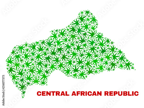Vector marijuana Central African Republic map mosaic. Concept with green weed leaves for weed legalize campaign. Vector Central African Republic map is designed with weed leaves.