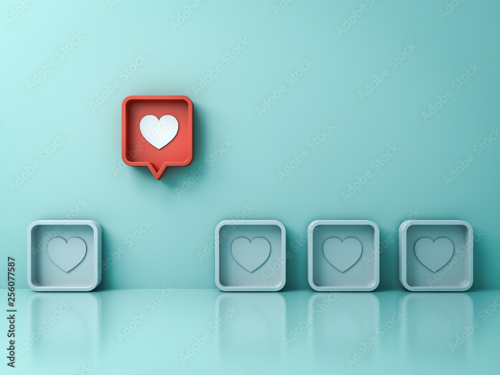 Stand out from the crowd and different creative idea concepts One red 3d social media notification love like heart pin icon pop up from others on light green pastel color wall background 3D rendering