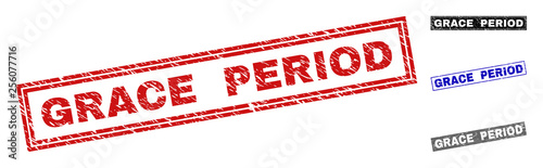 Grunge GRACE PERIOD rectangle stamp seals isolated on a white background. Rectangular seals with grunge texture in red, blue, black and grey colors.