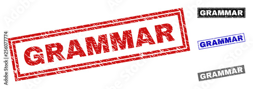 Grunge GRAMMAR rectangle stamp seals isolated on a white background. Rectangular seals with grunge texture in red, blue, black and grey colors.
