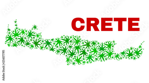 Vector cannabis Crete map collage. Concept with green weed leaves for weed legalize campaign. Vector Crete map is created with weed leaves.