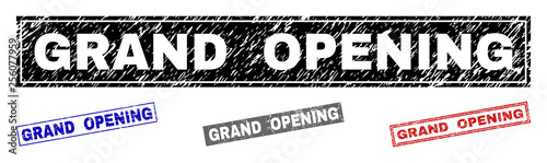 Grunge GRAND OPENING rectangle stamp seals isolated on a white background. Rectangular seals with grunge texture in red, blue, black and grey colors.