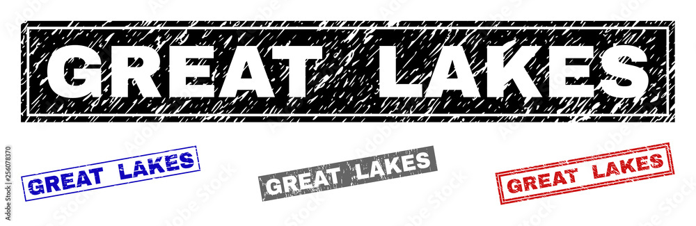 Obraz premium Grunge GREAT LAKES rectangle stamp seals isolated on a white background. Rectangular seals with distress texture in red, blue, black and grey colors.