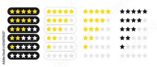 Rating stars badges. Feedback or Rating. Rank, level of satisfaction rating. Five stars customer product rating review. 5 star rating icon. Vector illustration.