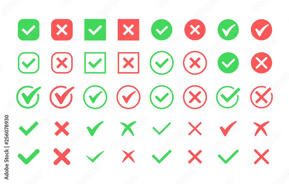 Green check mark and red cross icon set. Circle and square. Tick symbol in green color, vector illustration. Green check mark and red cross icon set. Circle and square. Tick symbol in green color, vector illustration.