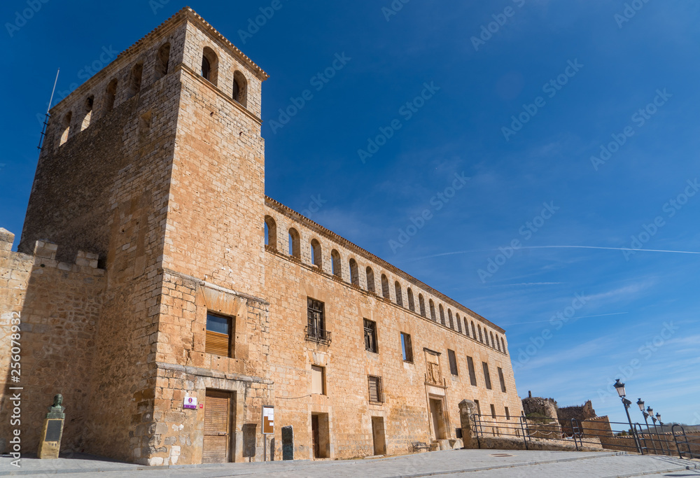 Berlanga de Duero medieval castle ruin near Soria, in the Castilla Leon region Spain with blue sky from the air