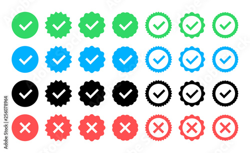 Green check mark and red cross icon set. Circle and square. Tick symbol in green color, vector illustration.