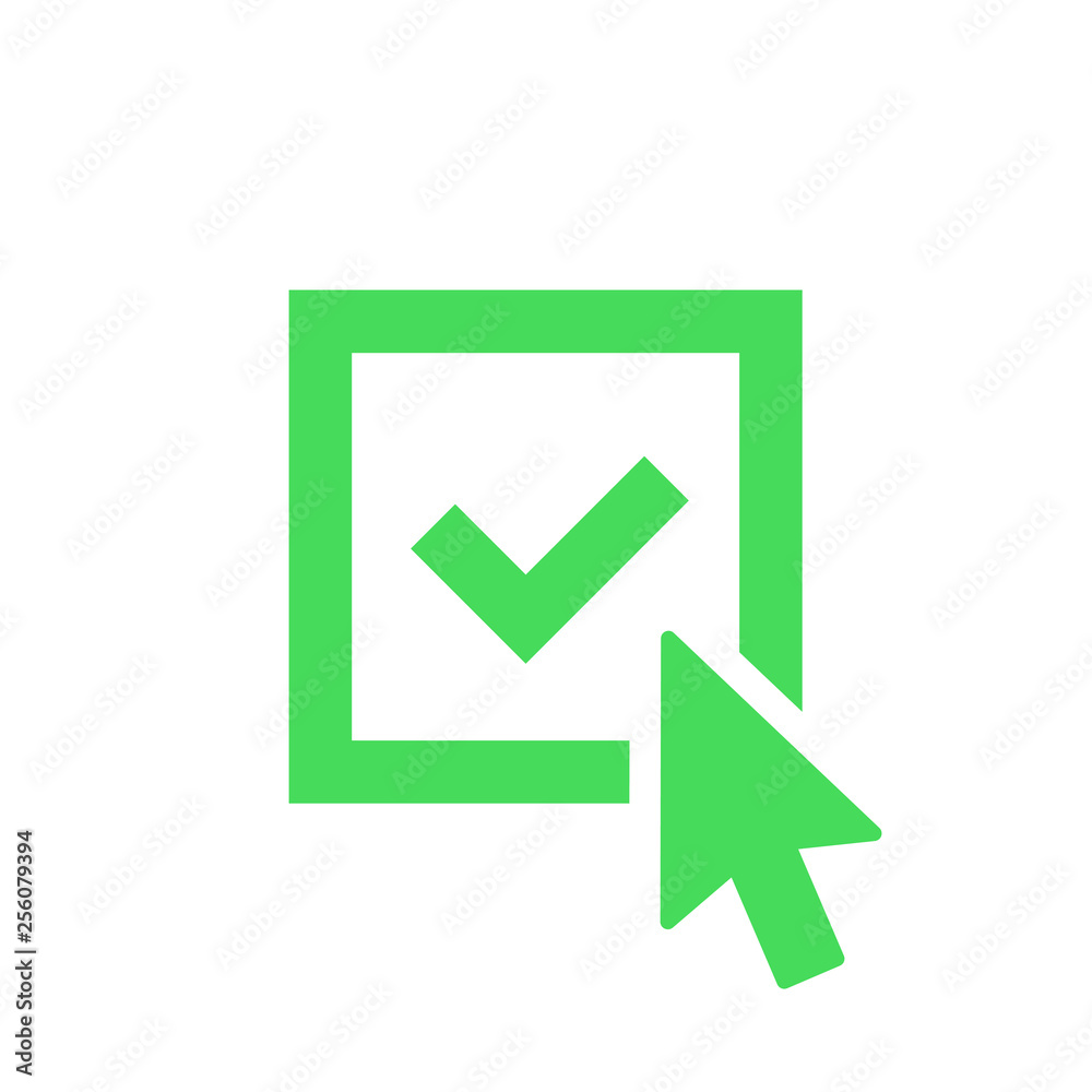 Check mark logo icon. Tick symbol in green and black color illustration. Accept okey symbol for approvement or cheklist. Computer mouse click cursor gray arrow icon. Check mark logo icon. Tick symbol in green and black color illustration. Accept okey symbol for approvement or cheklist. Computer mouse click cursor gray arrow icon.