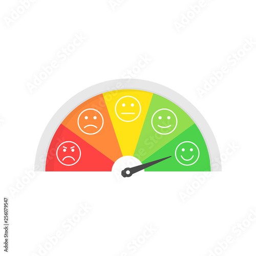 Rating customer satisfaction meter. Different emotions. Abstract concept graphic element of tachometer, speedometer, indicators, score. Vector illustration.