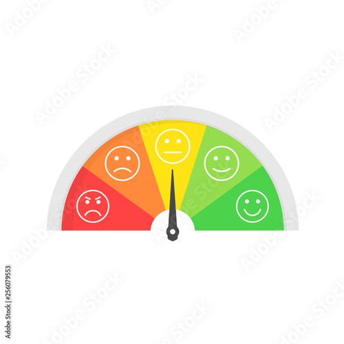 Rating customer satisfaction meter. Different emotions. Abstract concept graphic element of tachometer, speedometer, indicators, score. Vector illustration.