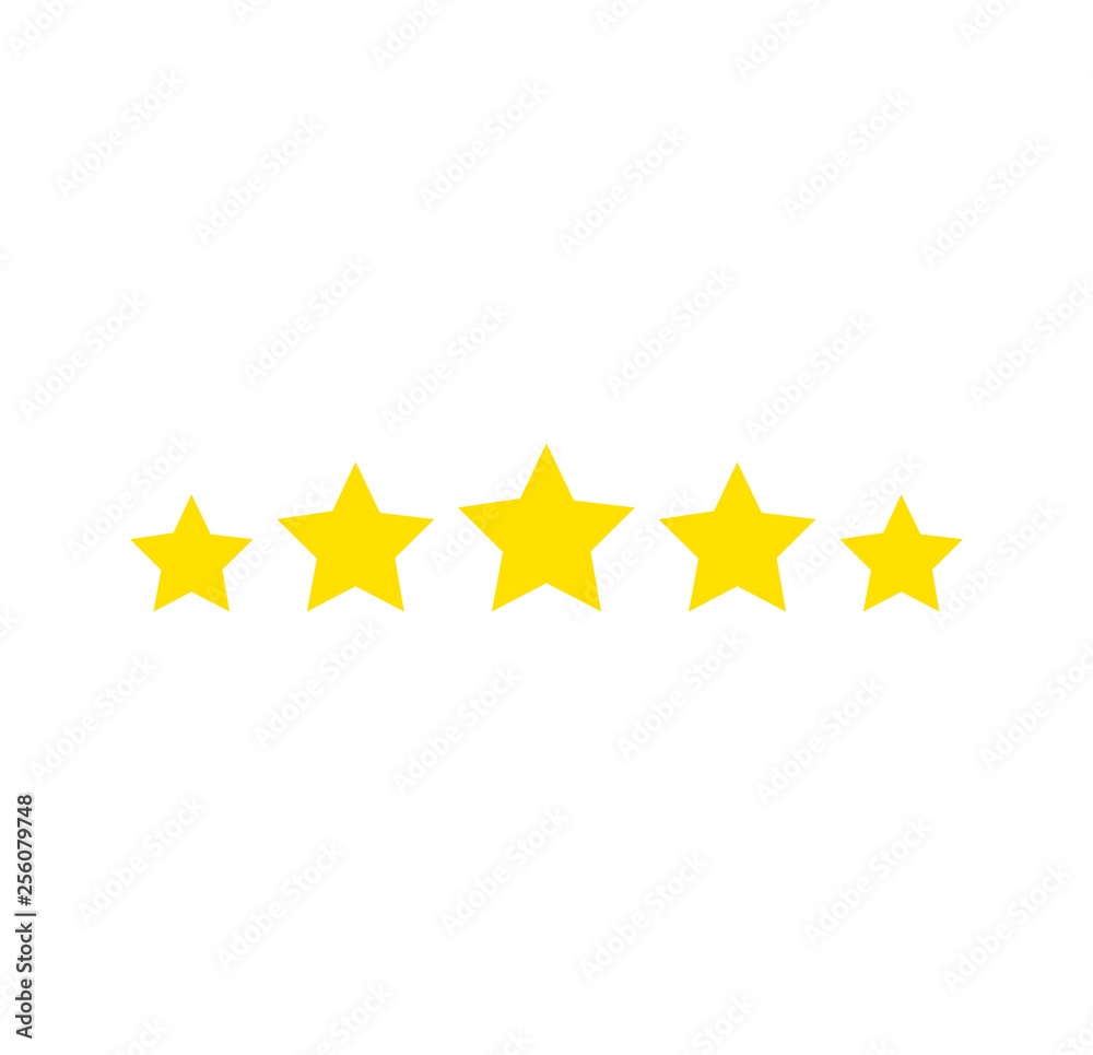 Five stars rating. Star icon. Feedback consumer or customer review evaluation banner, satisfaction level and critic icon concept. Vector illustration. Stars icon. Five stars rating. Star icon. Feedback consumer or customer review evaluation banner, satisfaction level and critic icon concept. Vector illustration. Stars icon.