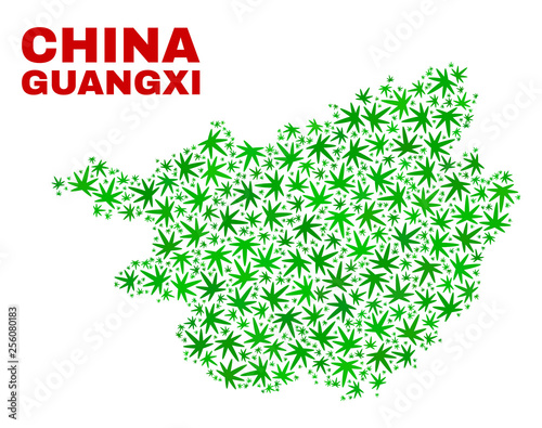 Vector cannabis Guangxi Province map collage. Concept with green weed leaves for cannabis legalize campaign. Vector Guangxi Province map is formed with weed leaves.