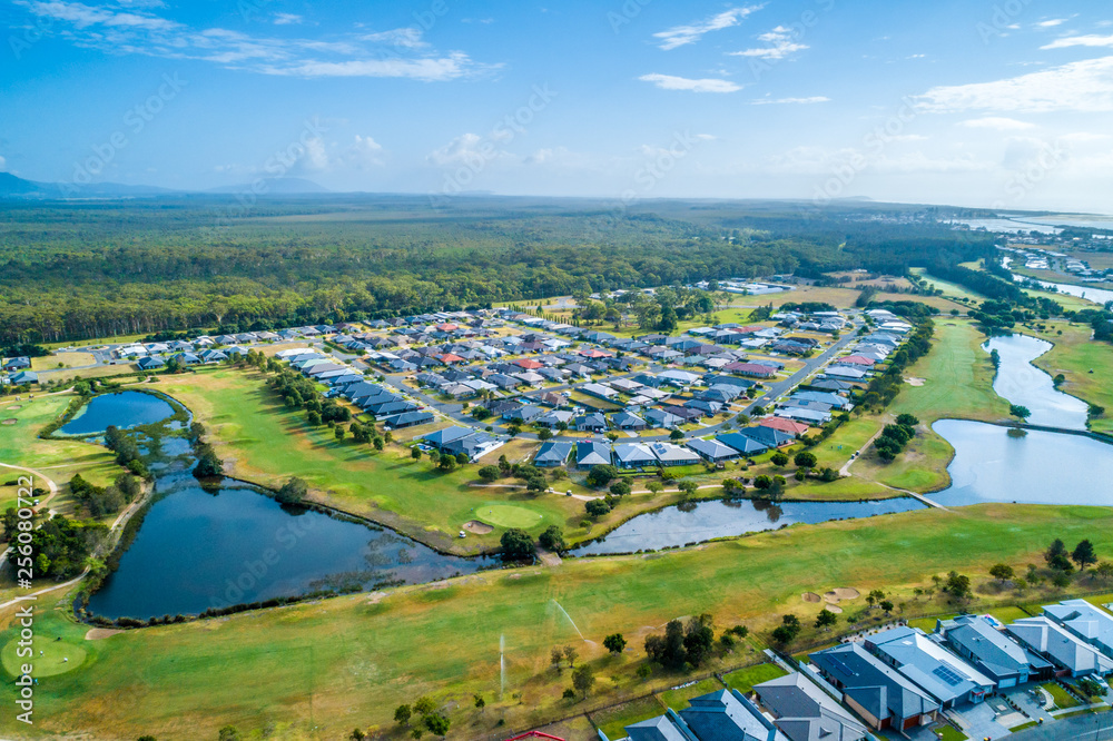 Aerial landscape of Harrington Waters golf club. Harrington, New South Wales, Australia