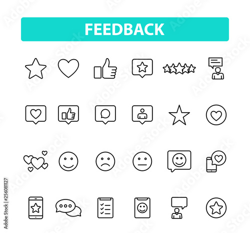 Set of 24 Feedback and Review web icons in line style. Star Rating, Emotion symbols. Vector illustration.