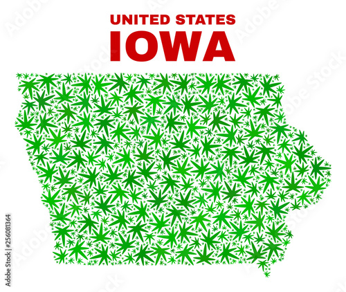 Vector cannabis Iowa State map mosaic. Concept with green weed leaves for cannabis legalize campaign. Vector Iowa State map is composed with cannabis leaves.