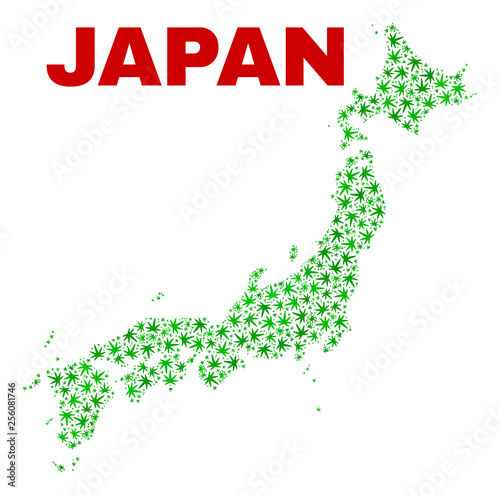 Vector marijuana Japan map collage. Concept with green weed leaves for marijuana legalize campaign. Vector Japan map is composed of weed leaves.